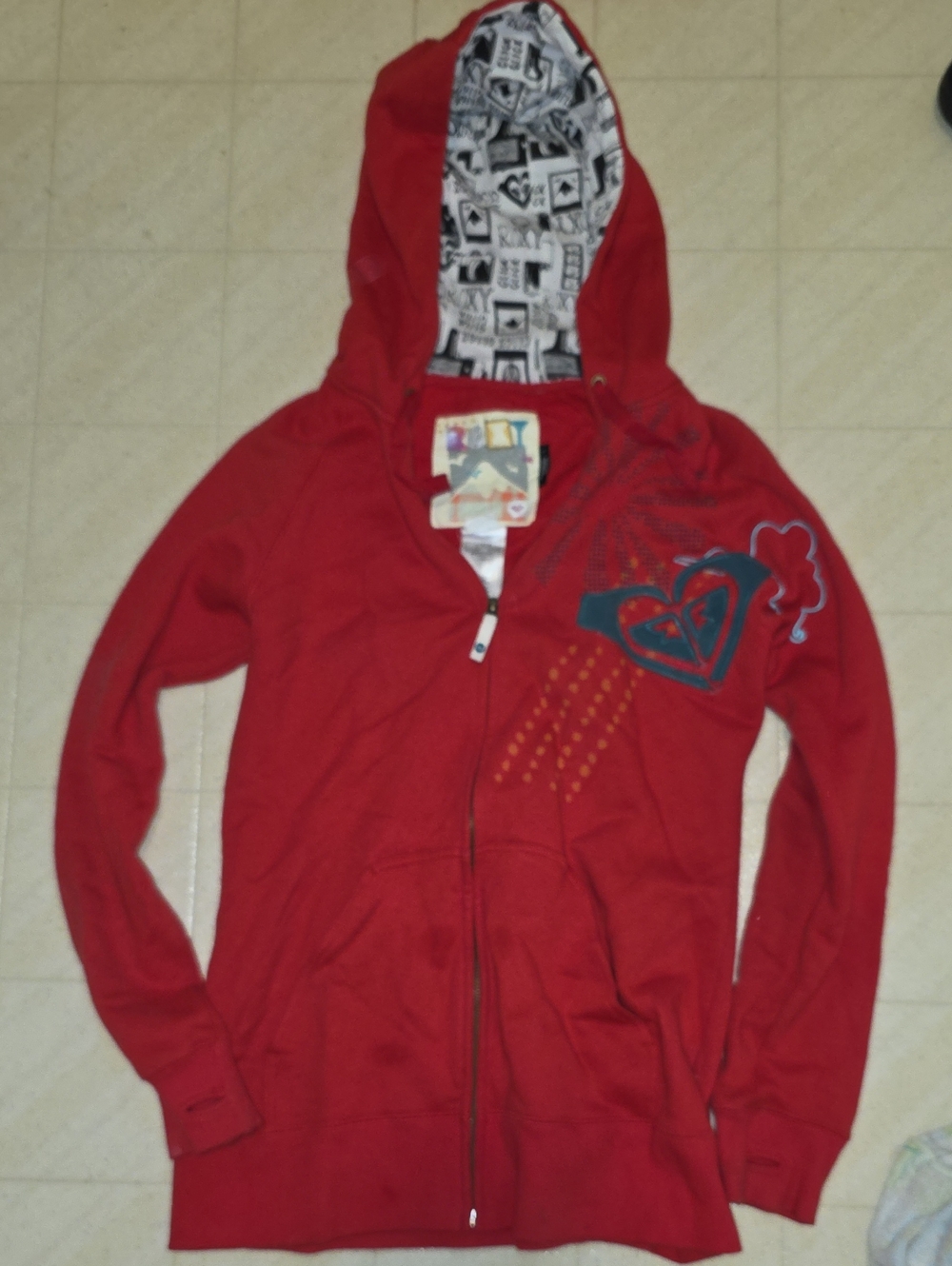 RARE Roxy Red Hooded Zip Sweatshirt with Heart Graphic